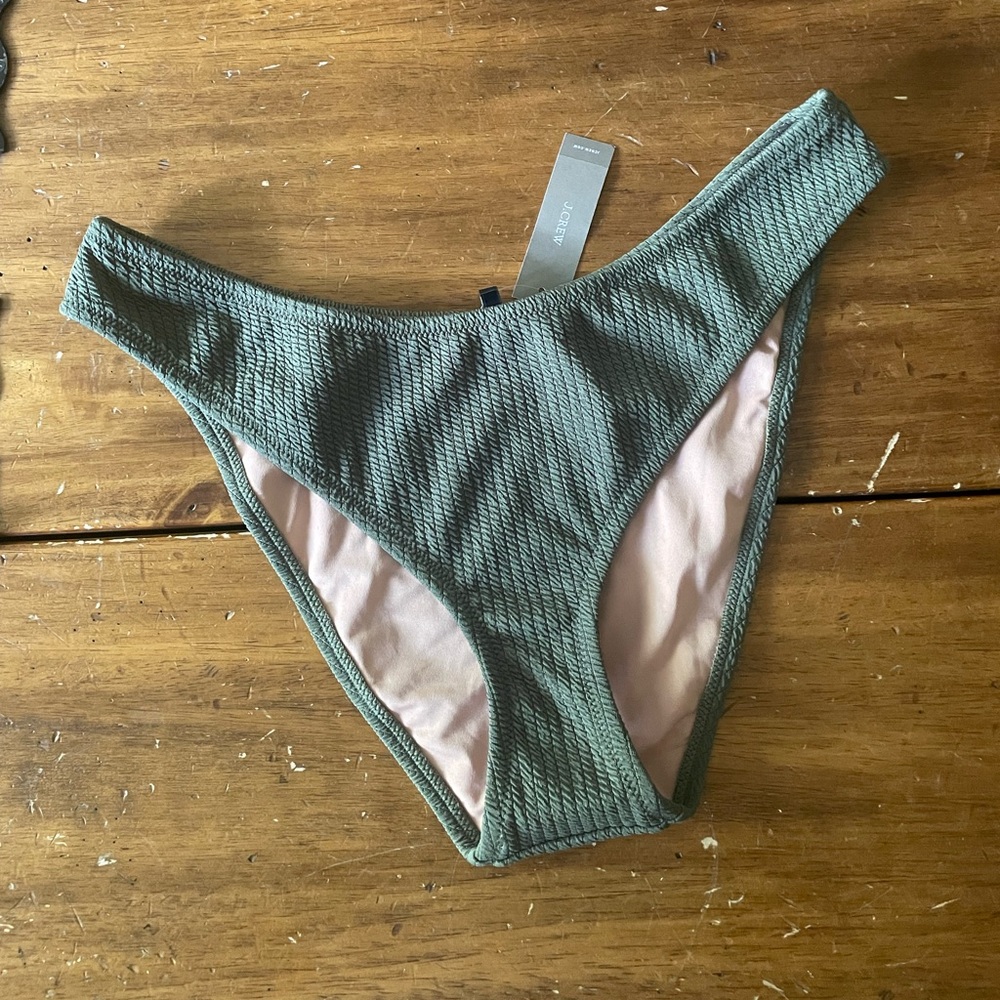 New NWT J. CREW RE-IMAGINED Textured Curved-Waist Cheeky Bikini Bottom Green L